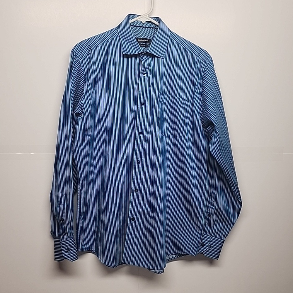 Bugatchi classic fit blue striped long sleeve button down 1 pocket shirt